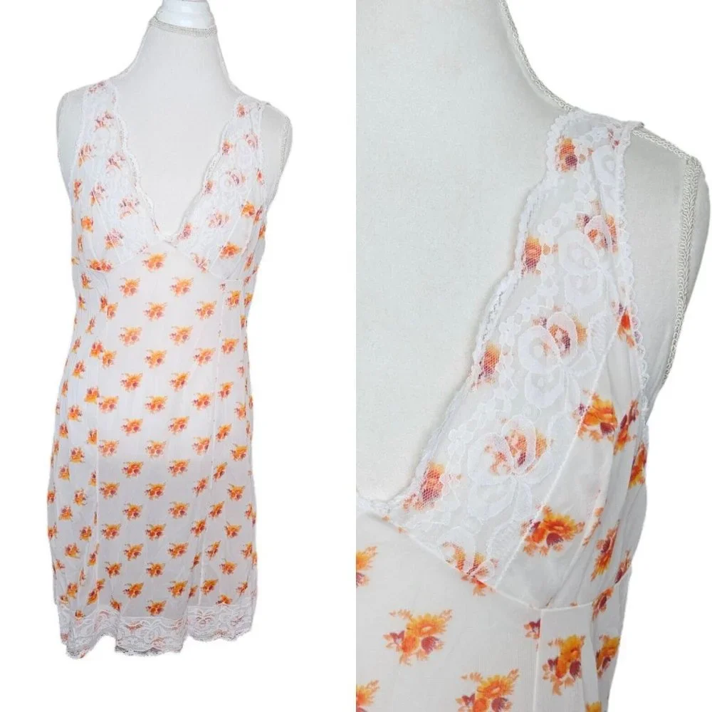 VTG Sheer‎ White Orange Floral Full Slip Sz M Lace Trim Poland 60s 70s Nylon
